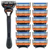 Navaja de afeitar manual de cinco capas para hombre con mango de metal esmerilado y agujeros, cabezal de hoja de acero inoxidable multicapa naranja