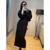 Simon Reiner Vestido preto jeans lapela feminino outono e inverno novo vestido longo elegante de cintura alta