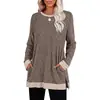 Camiseta de Manga Larga Redonda con Bolsillo y Abertura, Bloques de Color, Estilo Nuevo Otoño/Invierno 2026, Comercio Transfronterizo Europeo y Americano de Amazon para Mujer
