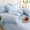 Juego de Cuatro Piezas de Funda de Edredón de Algodón Lavado de Color Sólido Estilo Japonés, Juego de Tres Piezas de Sábana y Funda de Edredón de Color Liso Simple para Dormitorio de Estudiante Cama Individual/Doble