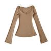 Camiseta de Manga Longa Cor Sólida Estilo Lustre Puro Borda de Renda Costurada Decote V Profundo Falsa Peça Dupla Americana Sexy Cor Sólida Top Justo