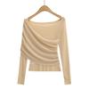 7656-25 Otoño Nuevo Estilo Europeo y Americano Sexy Pura Pasión Sexy Cuello de una Sola Línea Malla Empalmada Hombro Oblicuo Camiseta de Manga Larga