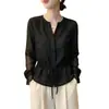 Camisa de luxo sob medida estilo francês de manga longa para mulheres, nova coleção de outono, moderna e chique, acinturada, modeladora, com detalhe de laço, adequada para o trabalho