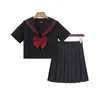 Directo de Fábrica Japonés Akasami Sanbon Uniforme JK de Marinero Set para Mujer Manga Larga Negro Estilo Uniforme Escolar Falda con Lazo Grande