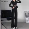 Jeans Negros de Pierna Ancha Estrecha para Mujer Otoño e Invierno 2024 Nuevos de Cintura Alta que Cubren la Cadera Adelgazantes Forro Polar Pequeño Rectos
