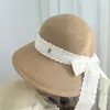 Chapéu de Palha de Aba Larga com Laço de Renda Estilo Francês para Mulheres, Chapéu de Sol para Férias na Praia de Verão, Chapéu Balde com Proteção Solar, Chapéu de Pescador