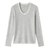 Camiseta básica de lana de acetato para mujer de otoño e invierno, camiseta de cuello en U de Tencel Lyocell estilo coreano, top de punto a rayas de manga larga ajustado