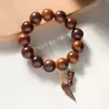 Pulsera de Madera de Azufaifo Natural Recolectada a Mano Sin Rayos, con Colgante de Vajra, Cuentas Budistas Estilo Chino para Hombre