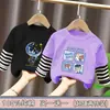 Camiseta de manga larga de algodón puro con retazos para niños, nuevo estilo primavera/otoño, diseño de dibujos animados, casual y versátil, parece un conjunto de dos piezas, moderno