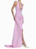 Vestido Halter com Decote em V Profundo e Design de Amarrar, Vestido Halter de Renda de Alta Qualidade em Tom Rosa e Roxo, Vestido Longo com Franzidos e Fenda, Caimento Justo e Sexy
