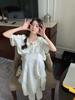 Camisón de Verano de Largo Medio con Textura de Rayas Verticales Florales para Mujer con Cordones Suelto Cuello de Encaje Pijama Amigable con la Piel Ropa de Casa para Mujer