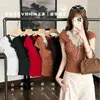 1533 # Camiseta de manga corta de lunares para chica popular, diseño de verano ajustado, top de encaje estilo coreano con hombros rectos
