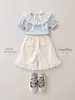 Roupa Infantil Estilo Coreano Verão Novo Estilo Camiseta Branca com Renda e Gola Redonda de Manga Curta Conjunto Estiloso de Calça Wide-Leg Anti-Mosquito para Meninas
