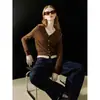 JISGN 2026 Nuevo Suéter de Punto con Bloques de Color de Manga Larga Otoño Cardigan con Cuello en V Abrigo Estilo Capas Vintage para Mujeres Pequeñas