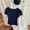 Camiseta Feminina Simples de Botão com Decote em V, Manga Curta, Slim, para Primavera e Verão, Algodão Fino, Camada Base, Caimento Ajustado, Top para Usar por Dentro e por Fora