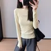 Estampa de Letra Simples~Algodão de Torção Forte de Alta Qualidade Sarja Elástica Manga Longa Cor Sólida Camiseta Base Feminina 26 Novo H091906