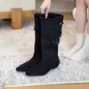 Diseño de nicho~Botas vaqueras con remaches Maillard y hebilla de cinturón con corte en V, botas apiladas vintage, botas altas de tacón bajo y punta