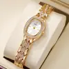 Reloj de Pulsera para Mujer de Cuarzo Ovalado con Incrustaciones de Diamantes en Tono Dorado, Pulsera de Metal con Incrustaciones de Rombos, Reloj de Pulsera de Moda