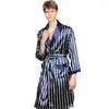 Camisola de seda de peça única de verão masculina transfronteiriça, roupão fino de manga comprida, pijama listrado de verão masculino