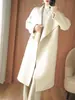 Novo Casaco de Lã Dupla Face Estilo Longo Coreano Solto Casual Gola Alta Acima do Joelho Amarrado Elegante Roupa Externa de Lã