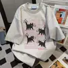 Camiseta Manga Curta Estampada Gatinho Cartoon Divertido para Mulheres, Verão Casual Tendência Marca Design Nicho Oversize