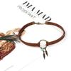 Novo Colar Choker Retrô Europeu e Americano Pingente de Folha de Bronze Antigo Anel Geométrico de Couro Corrente para Clavícula