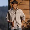 Camisa listrada de linho tingido em fio estilo retrô americano para homens, nova jaqueta camisa de manga longa solta japonesa da moda para outono para homens