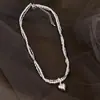 Colar de Pérolas de Vidro de Camada Dupla Prateado Quebrado Coração de Metal Pingente Destacável Corrente Elegante Popular para Clavícula para Mulheres