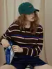 Suéter tejido de cuello alto a rayas con bloques de color retro estilo francés para mujer, perfecto para otoño e invierno, que ofrece un look sofisticado, casual y adelgazante, y se combina fácilmente con varios atuendos.