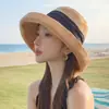 Sombrero de Pescador de Ala Ancha Estilo Japonés para Mujer, Protección Solar de Verano, Parasol, Adelgazante Facial, Plegable, Sombrero Tejido de Paja, Estilo Vacaciones en la Playa, Sombrero Cubeta