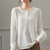 2026 Primavera e Verão Novo Estilo Tencel Linho Gola Redonda Meio Aberto Tricô Suéter Manga Longa Feminino Cor Sólida Borda Enrolada Solto Camisa Base