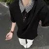 Camisa Polo Falsa de Dos Piezas Estilo Americano para Hombre, Diseño de Verano con Cuello Campana, Cuello de Camisa a Cuadros y Camiseta de Manga Corta