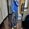Jeans azules de estilo americano para hombre con bordado de letras en la calle, pantalones largos negros de corte slim, holgados, rectos, modernos, con un ligero ensanchamiento
