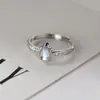 Anel Gota D'água com Pedra da Lua Sintética Cravejado de Diamantes em Prata de Lei S925 Nalan Design Exclusivo Ins Nicho R03688