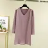 Vestido de forro polar para otoño e invierno para mujer, cuello en V holgado, falda de línea A de longitud media, engrosado para abrigar, de manga larga, adecuado para usar en casa