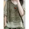 Traje de Algodón y Lino para Mujer, Nuevo Estilo Verano 2026, Top Estampado Patchwork Falso Dos Piezas, Pantalones Harem, Conjunto de Dos Piezas Adelgazante