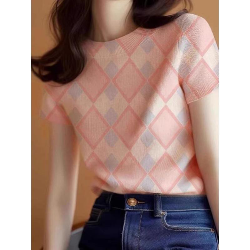 欧洲站高档新款设计感小众时尚气质夏装正肩针织冰丝短袖T恤女潮