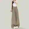 Pantalones Casuales Holgados de Pierna Ancha Color Caqui Perezoso para Mujer Nuevo Diseño con Pliegues Sueltos de Cintura Alta Versátiles