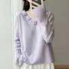 Camisa de Base de Lã Tricotada com Mangas Sino, Decote em V, Solta, Estilo Preguiçoso, Manga Longa para Mulheres, Nova Cor Pura, Suéter de Caxemira Coreano, Tendência