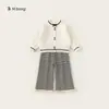 Bangxuan Huzhou Zhili Ropa Infantil Conjunto para Niñas Suéter Cardigan con Lazo Pantalones Casuales Rayados Conjunto de Dos Piezas Infantil
