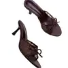 Mules de Tacón Alto con Moño de Encaje Marrón Oscuro 2026 para Mujer, Punta Redonda Punta Abierta Tacón de Aguja Zapatos de Fiesta