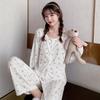 Pijama feminino transfronteiriço primavera e outono com bojo cardigan calças tipo sling sexy puro três peças roupa de casa