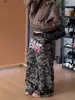 Pantalones Casuales con Estampado de Letras Camuflaje Retro Americano para Mujer, Gruesos de Invierno con Forro Polar, Sueltos, Pierna Ancha, Cordón, Largos