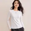 Camiseta de tecido mousse de bambu com mangas compridas, elástica e de caimento solto, estilo fino para mulheres, roupa de cor sólida para outono e inverno, camiseta com gola redonda