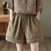 Shorts de Lino Anchos Estilo Retro para Mujer, Estilo Delgado de Verano, Cintura Elástica con Cordón, Pantalones Rectos Casuales de Algodón y Lino con Encaje Hueco