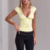 Moda de outono precoce para mulheres europeias e americanas: cor sólida, estilo simples, camiseta da moda, top versátil de cintura alta, justo, decote V, sem mangas