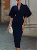 Vestido Midi Bodycon Elegante de Gola V com Manga Flare Slim Fit para Roupas Femininas Transfronteiriças Europeias e Americanas 2026