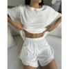 Europeu e Americano Novo Primavera e Verão Casual Feminino Casa Estampado Manga Curta Shorts de Renda Pijama Confortável Que Pode Ser Usado Fora do Conjunto