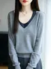Tricô de Cor Contrastante Falso Duas Peças Manga Longa Outono Novo Solto Efeito Emagrecedor Suéter Camisa Camiseta para Camadas Internas para Mulheres
