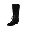 Botas largas de piel de vaca de dos capas con cordones y caña alta para mujer, botas por encima de la rodilla, nuevos zapatos de tacón alto de punta cuadrada para otoño e invierno, botas de montar para mujer